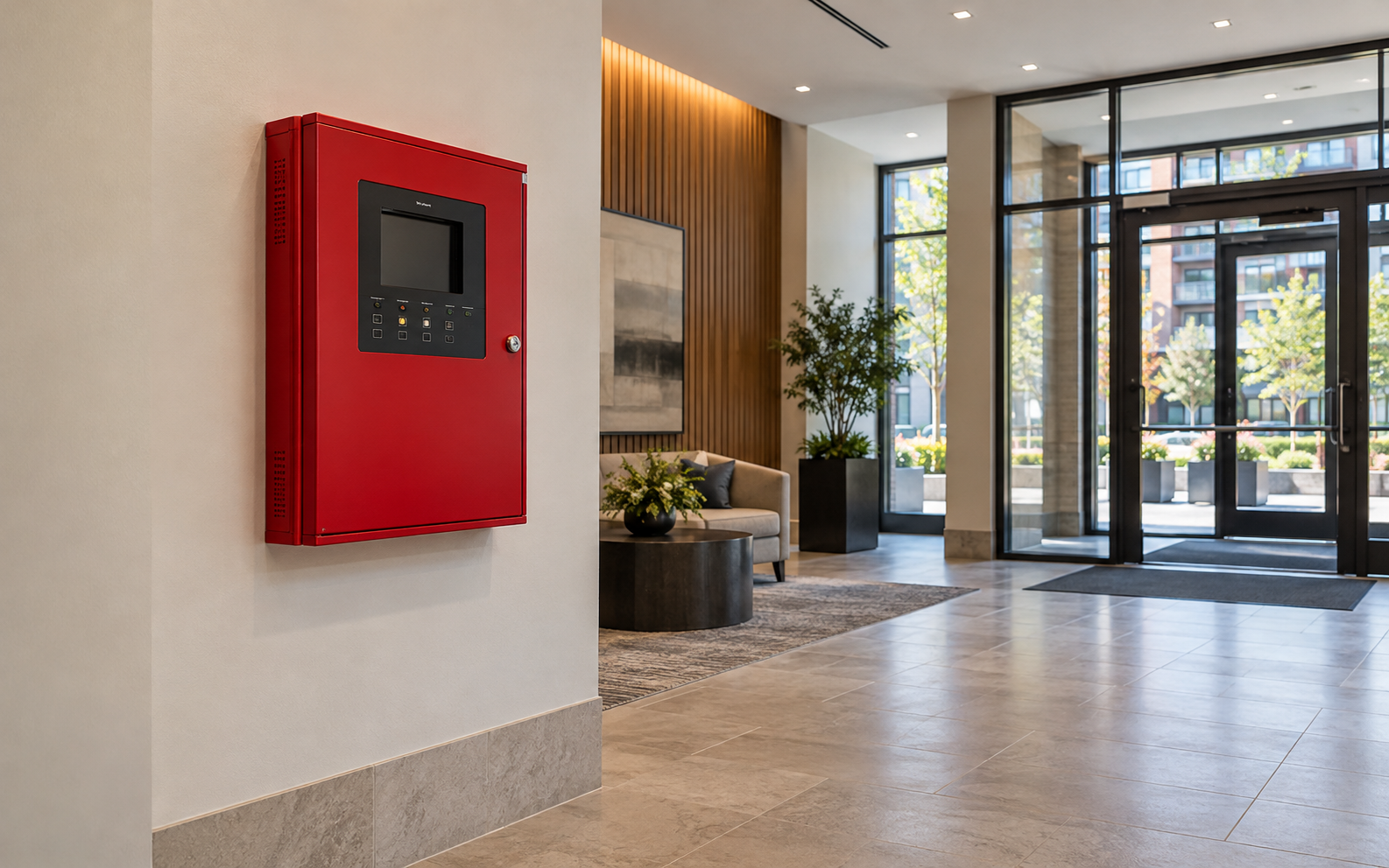 AI-generated illustration of a fire alarm panel in a residential lobby; not a DPG Technology project photograph.