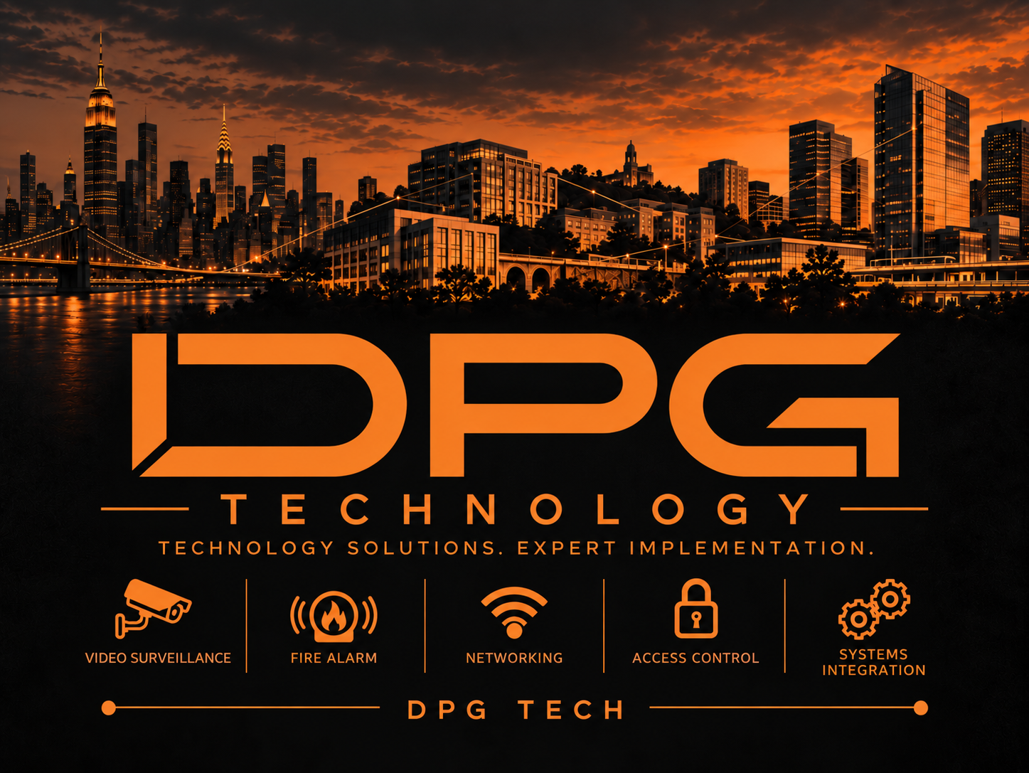 DPG Technology logo with orange skyline and icons for video surveillance, fire alarm, networking, access control, and systems integration.