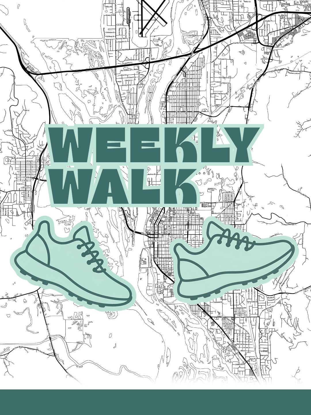 A map of a city with roads, streets, and topography. Overlaid text reads 'Weekly Walk' with a pair of sneakers illustration.