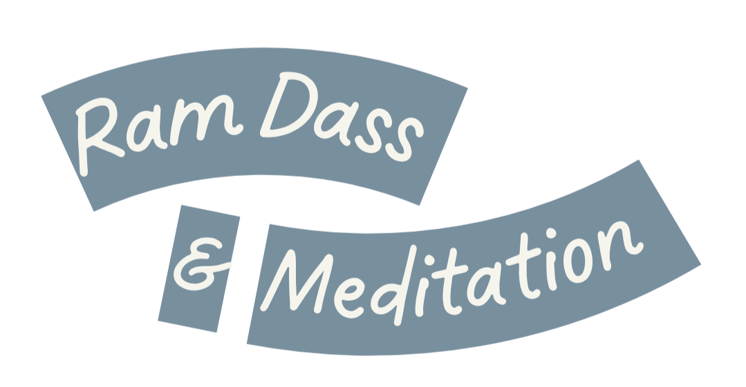 Logo with wavy gray banner displaying the text 'Ram Dass & Meditation' in white script font.