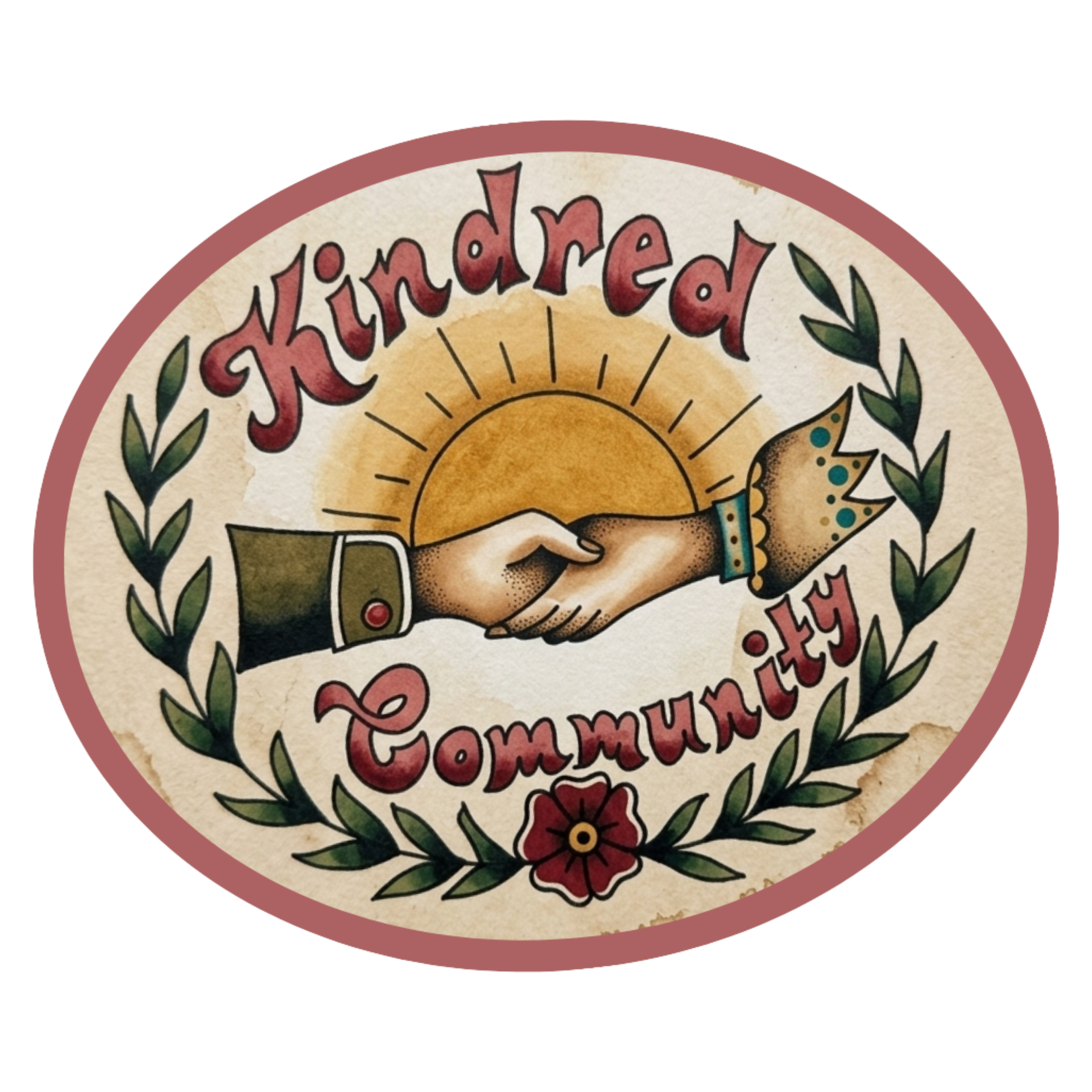 Hand-drawn illustration of a sun with rays, surrounded by green leaves and red flowers, with text 'kindred' and 'community' written in a stylized font.