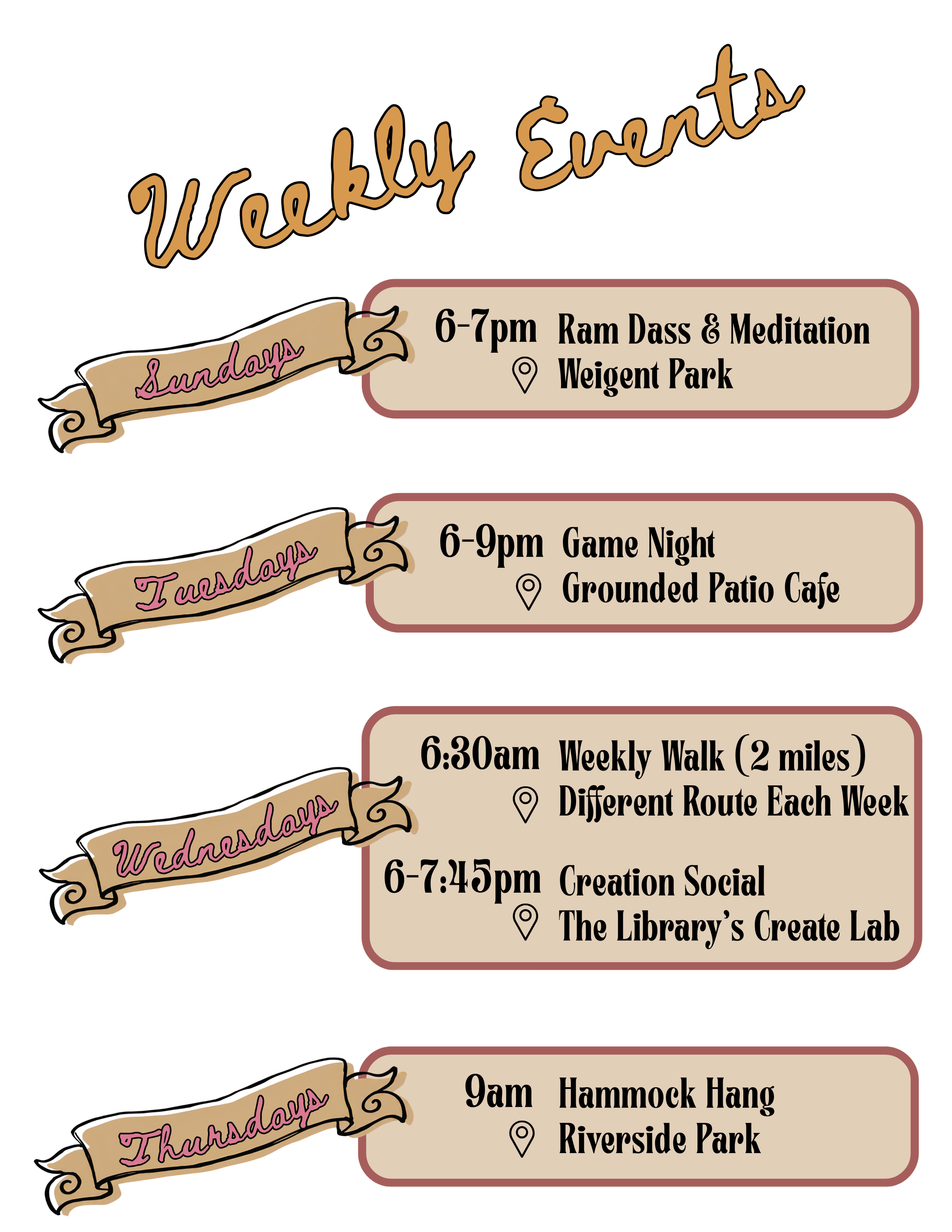 Weekly activity schedule featuring events on Sunday, Tuesday, and Thursday with times, locations, and icons for each activity.