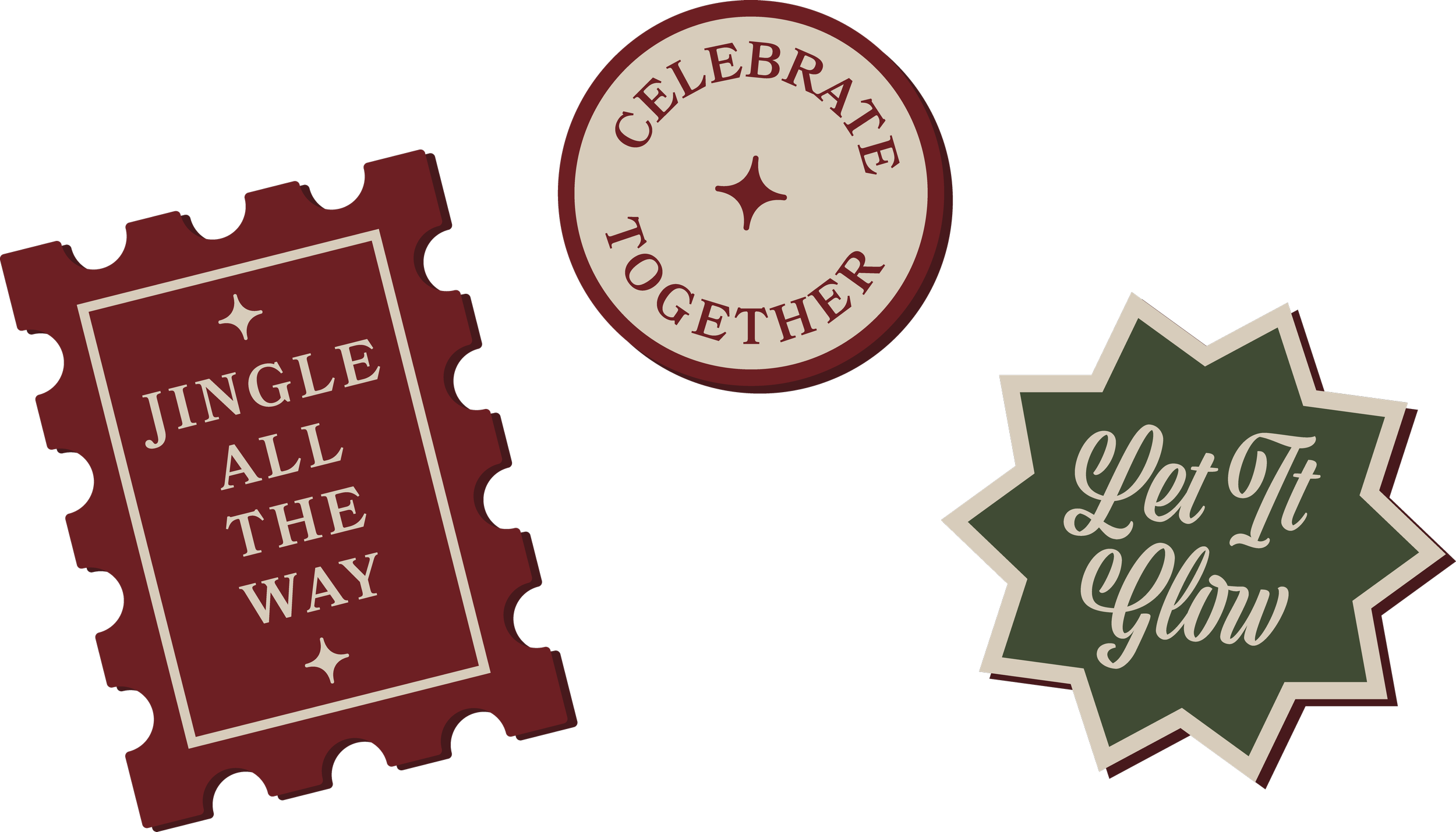 Holiday-themed stickers with inspirational messages, including a red ticket-shaped sticker that says "Jingle All The Way," a round sticker that says "Celebrate Together," and a green starburst sticker that says "Let It Glow".