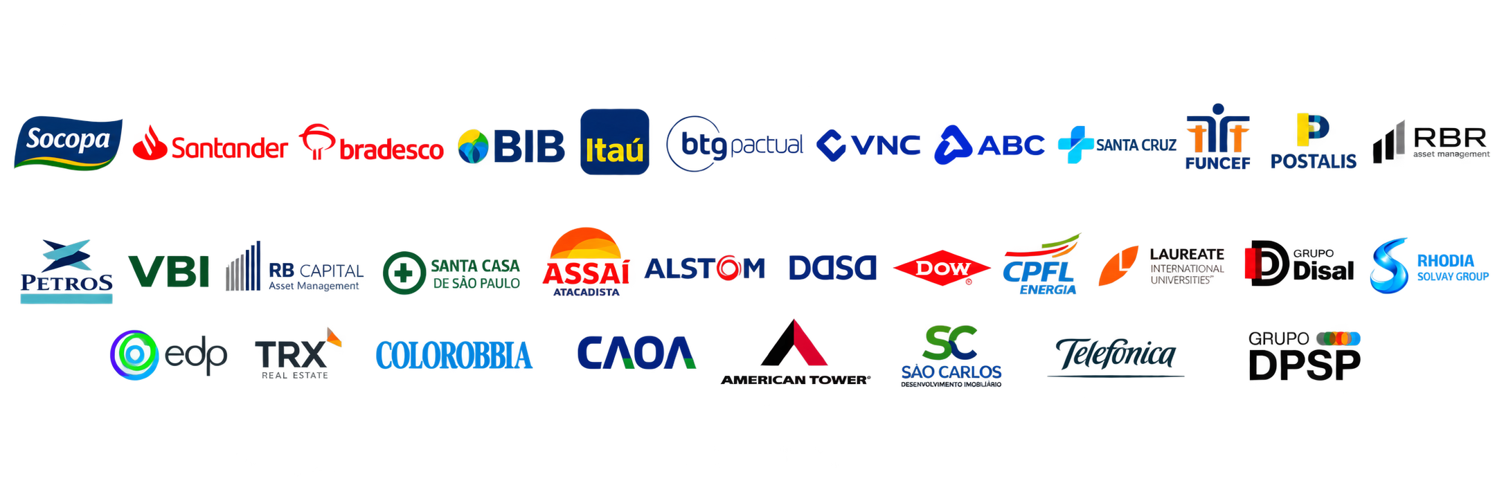 Logotipos de diversas instituições financeiras e de crédito no Brasil, incluindo Socopa, Santander, Bradesco, Banco do Brasil, Itaú, Caixa, entre outros.