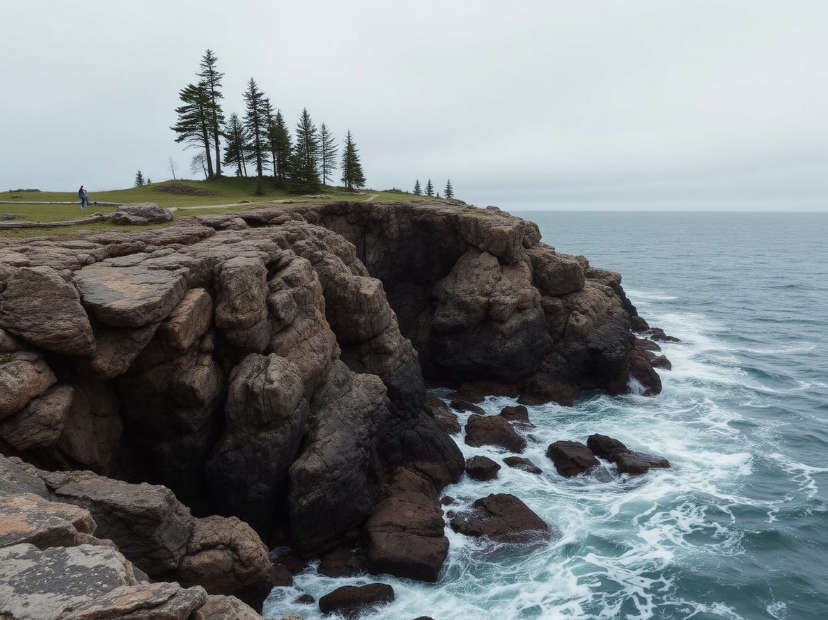 Cliffs with trees and a grassy area overlooking the ocean with waves crashing against rocks