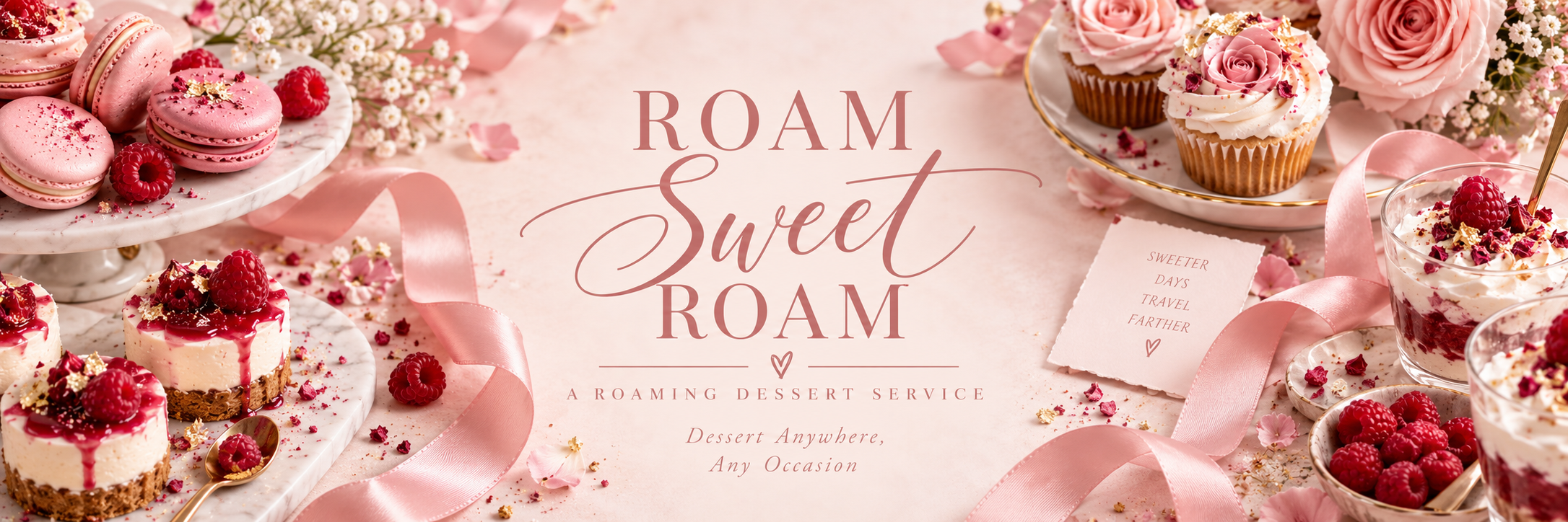 Pink and red desserts including macarons, cheesecakes with berries, cupcakes with flowers, and raspberry parfaits on marble and china plates, decorated with pink ribbons and flower petals for a dessert service event.