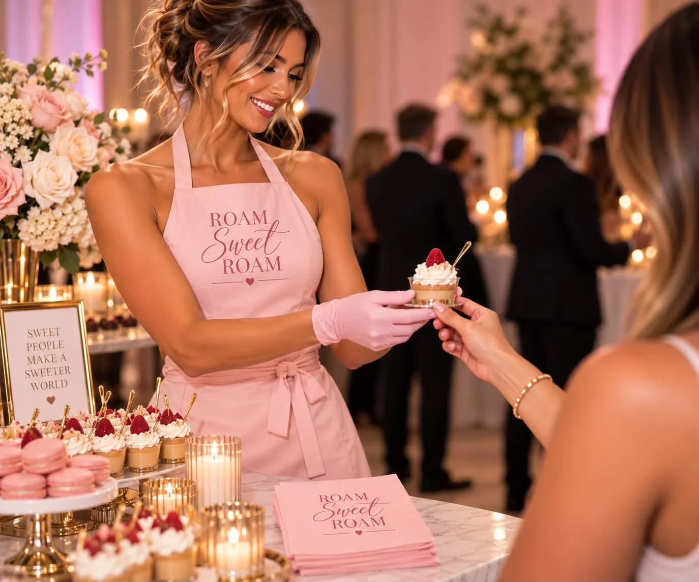 A woman wearing a pink apron serving a dessert to another woman at a decorated event space with flowers and candles.