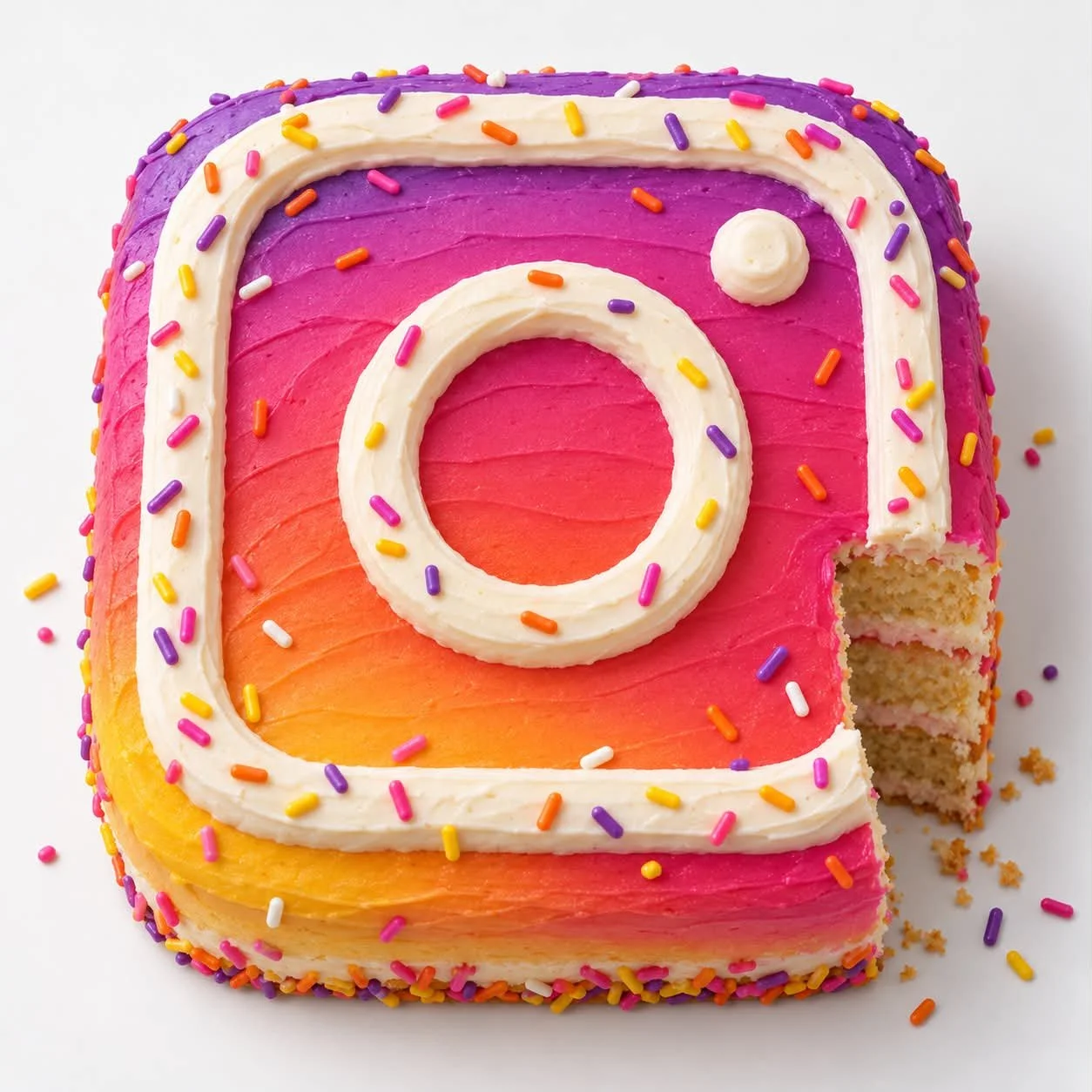 A cake decorated to resemble the Instagram logo, featuring a gradient of purple, pink, and orange frosting with colorful sprinkles, and a slice missing showing layered sponge and frosting.