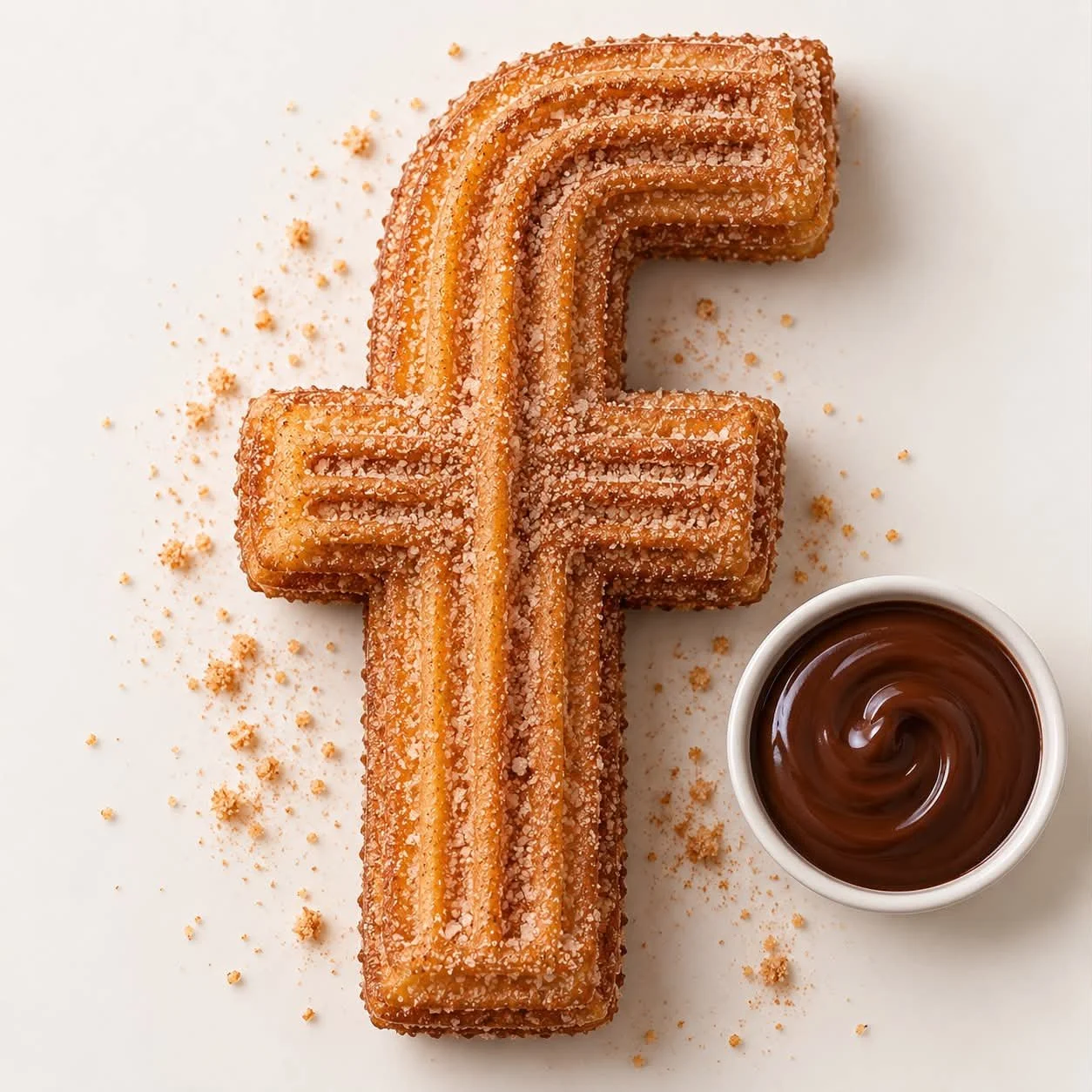 Churro shaped like the euro symbol with a side of chocolate dipping sauce
