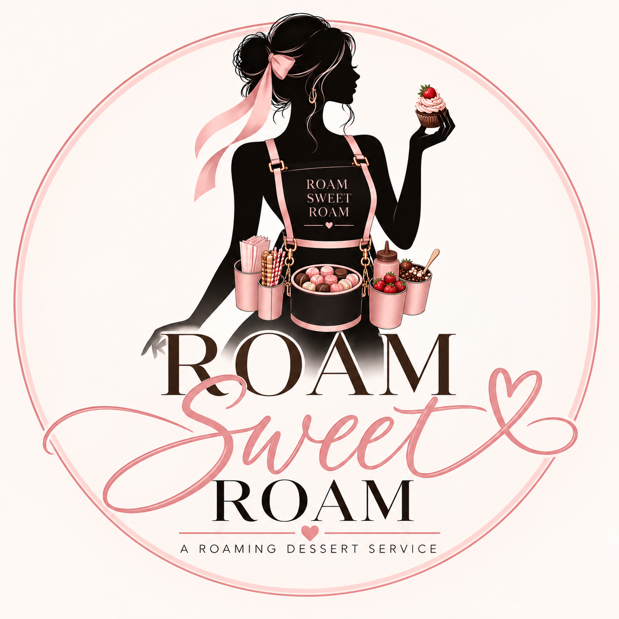 Logo for Roam Sweet Roam, a dessert service, featuring a silhouette of a woman with a bun hairstyle and pink ribbon, holding a cupcake with strawberries, surrounded by various sweets and toppings in pink containers, with stylized text and heart illustrations.