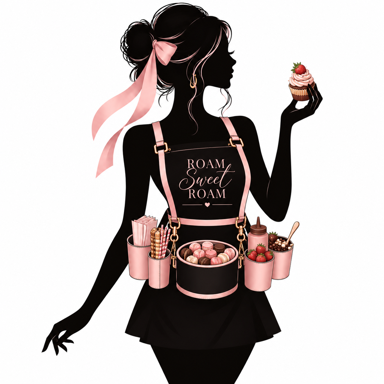 Silhouette of a woman with a pink ribbon in her hair, holding a cupcake with strawberry and pink frosting, surrounded by pink containers filled with sweets and strawberries, with a black apron that reads "Roam Sweet Roam".