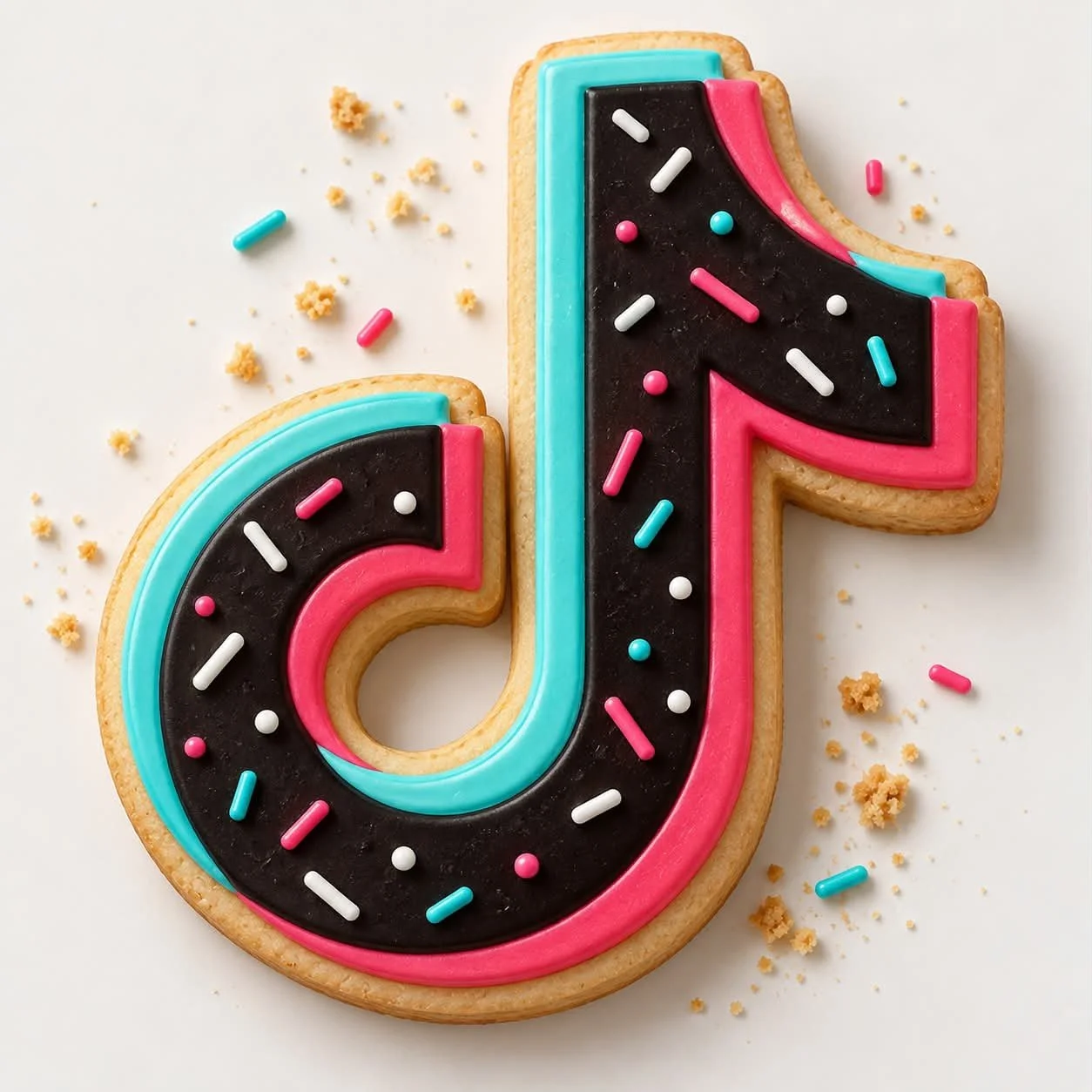 Decorated cookie shaped like the TikTok logo with black, pink, blue, and white icing and sprinkles, on a white surface with scattered sprinkles and crumbs.