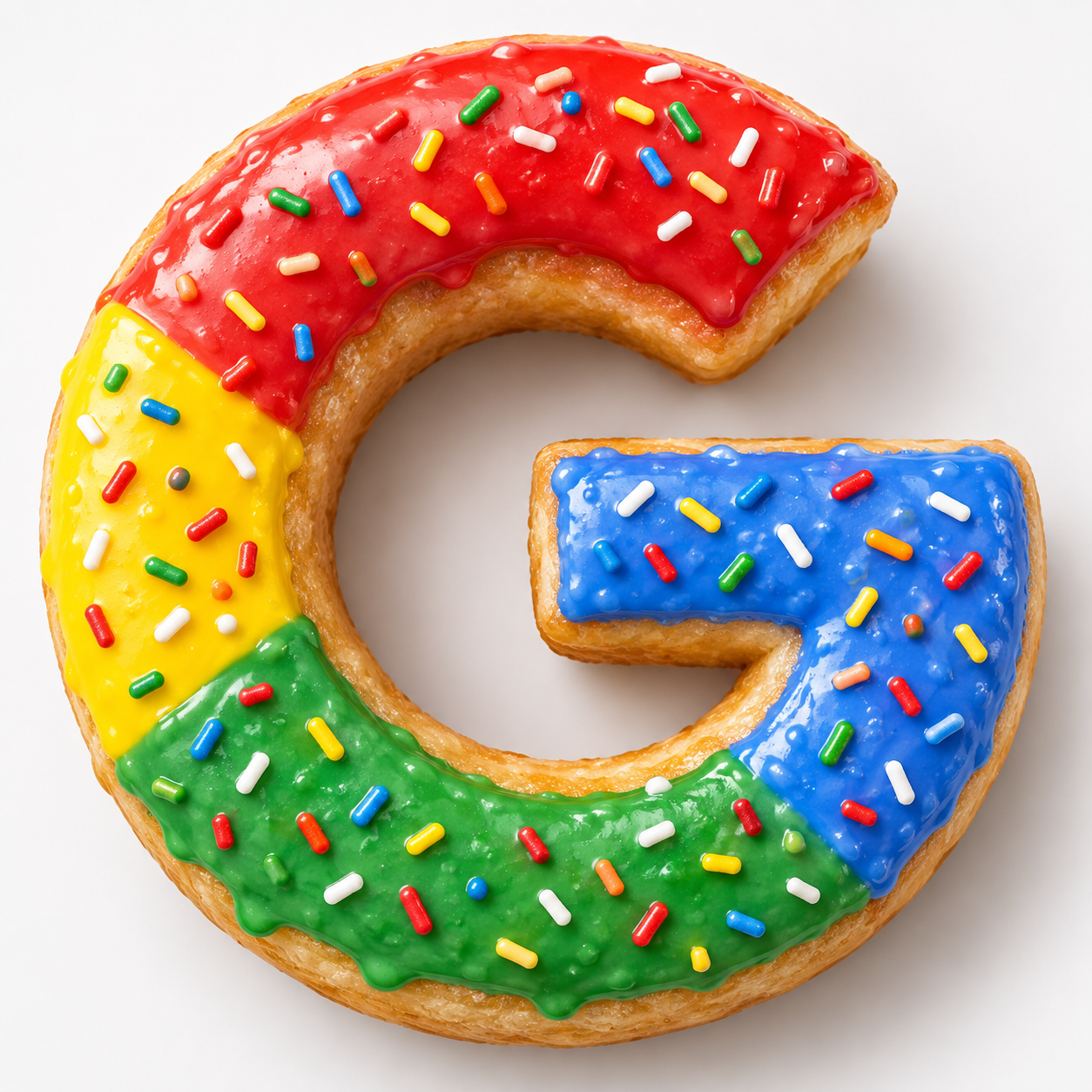 Colorful number five-shaped donut with red, yellow, green, and blue icing, sprinkles, and a plain white background.
