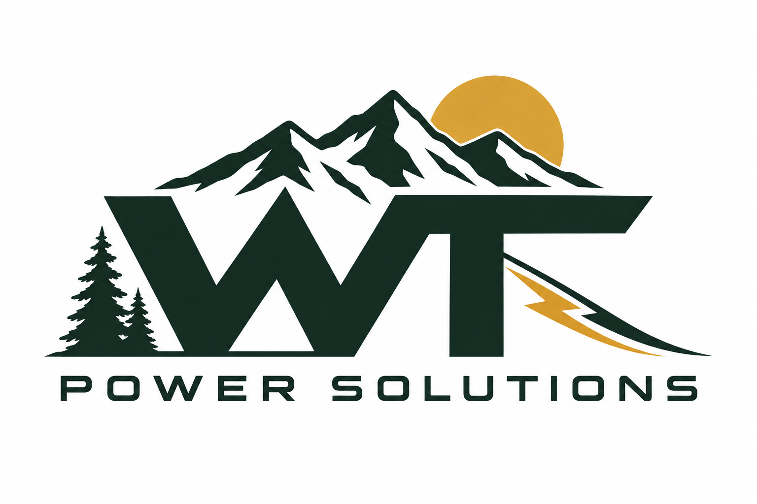 Logo for WT Power Solutions featuring a mountain range, a sun, trees, and a lightning bolt with the company name.