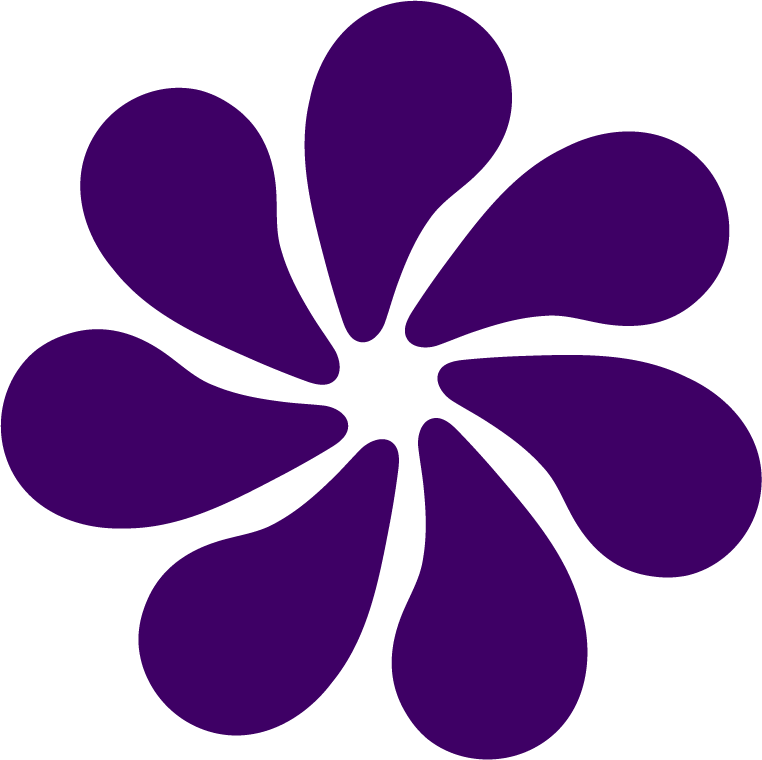 Une fleur stylisée avec huit pétales violets sur un fond noir.