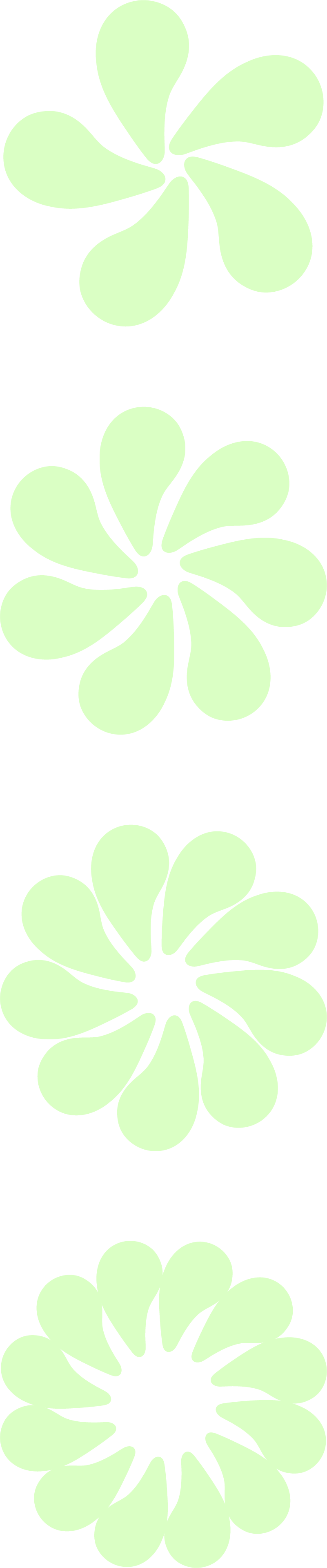Quatre motifs floraux verts disposés verticalement sur un fond noir, chacun avec des pétales de formes variées.