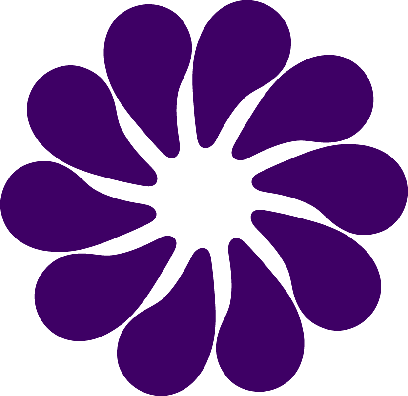 Illustration d'une fleur stylisée violette avec plusieurs pétales arrondis, en forme de rondes.