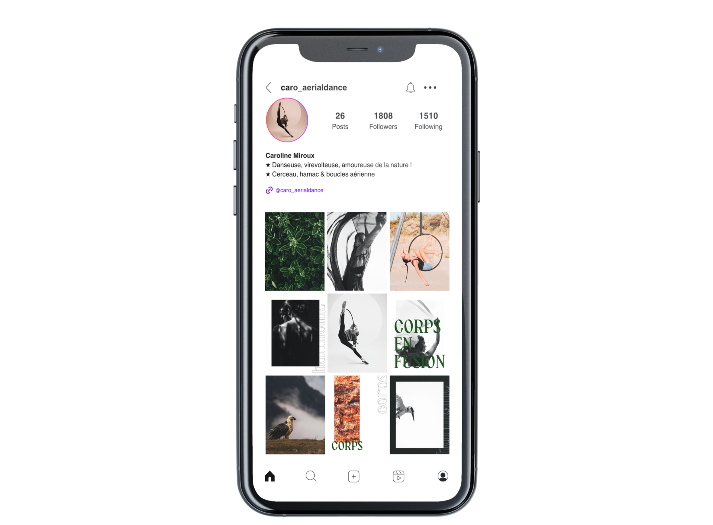 Capture d'écran d'un téléphone montrant une interface Pinterest avec plusieurs images, dont un oiseau et des paysages