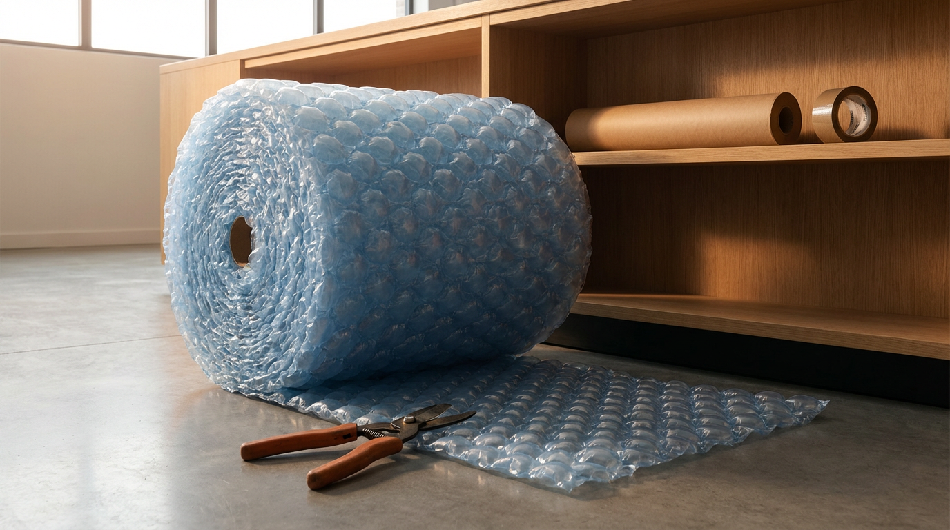 A large roll of blue bubble wrap on the floor next to a pair of orange-handled scissors and a sheet of bubble wrap patterned on the ground. The bubble wrap is beside a wooden shelf with some cardboard tubes on it.