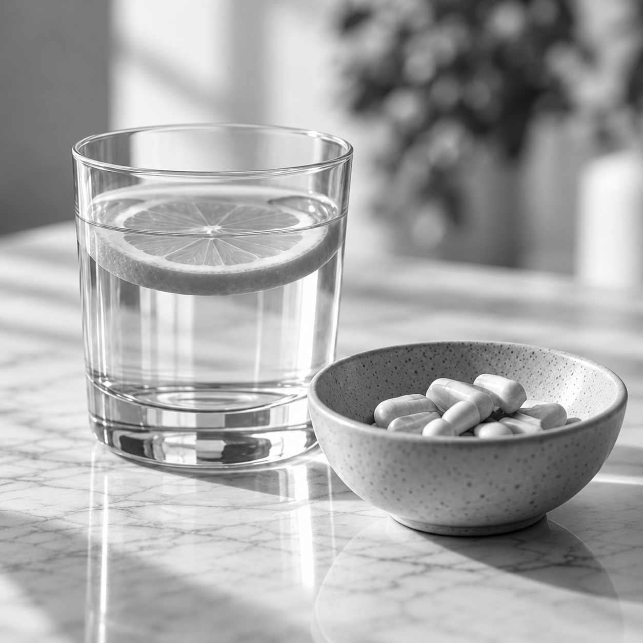 A glass of water with a lemon slice on a marble surface and a bowl of capsules in the foreground, with a blurred background.