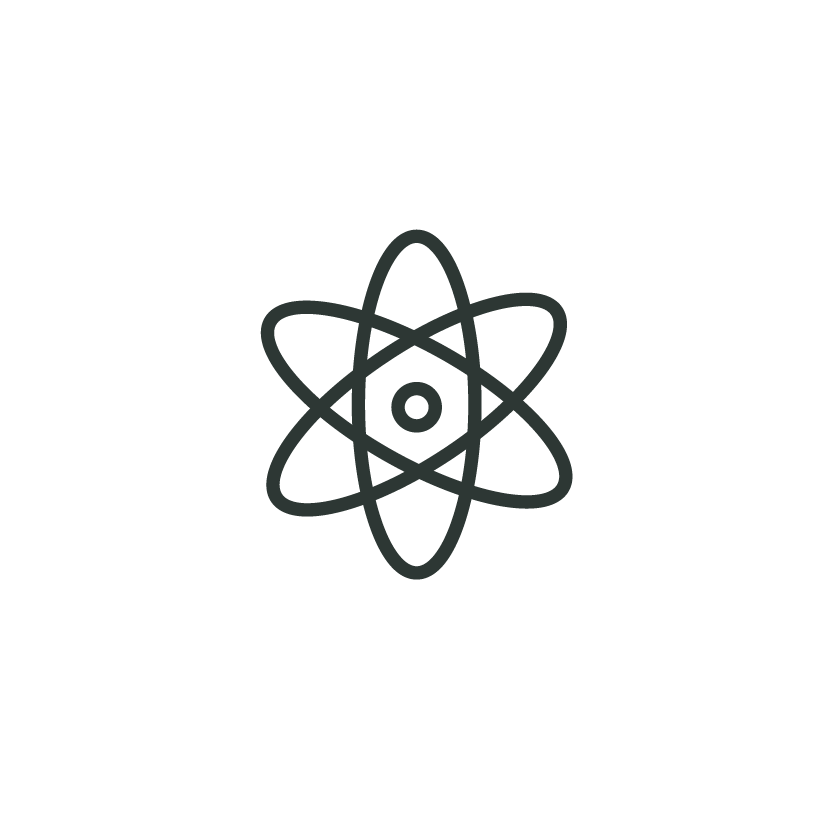 Line drawing of an atom with a nucleus and electrons orbiting.