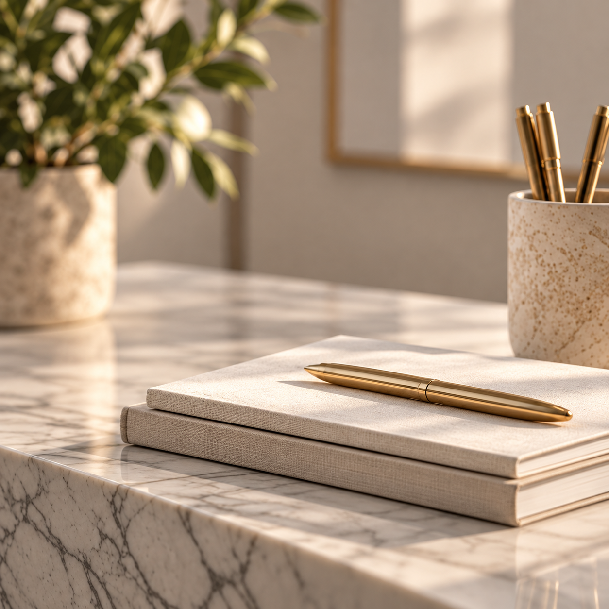 A marble desk with a closed beige notebook, a gold pen on top, and a ceramic cup with gold pens. A potted plant is in the background with sunlight casting shadows.