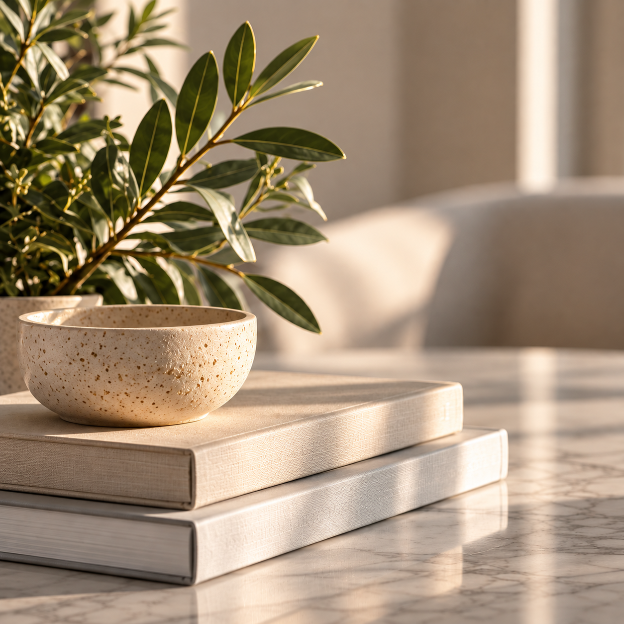 A green leafy plant in a speckled ceramic pot placed on top of two stacked hardcover books on a marble table, with soft, natural sunlight illuminating the scene.