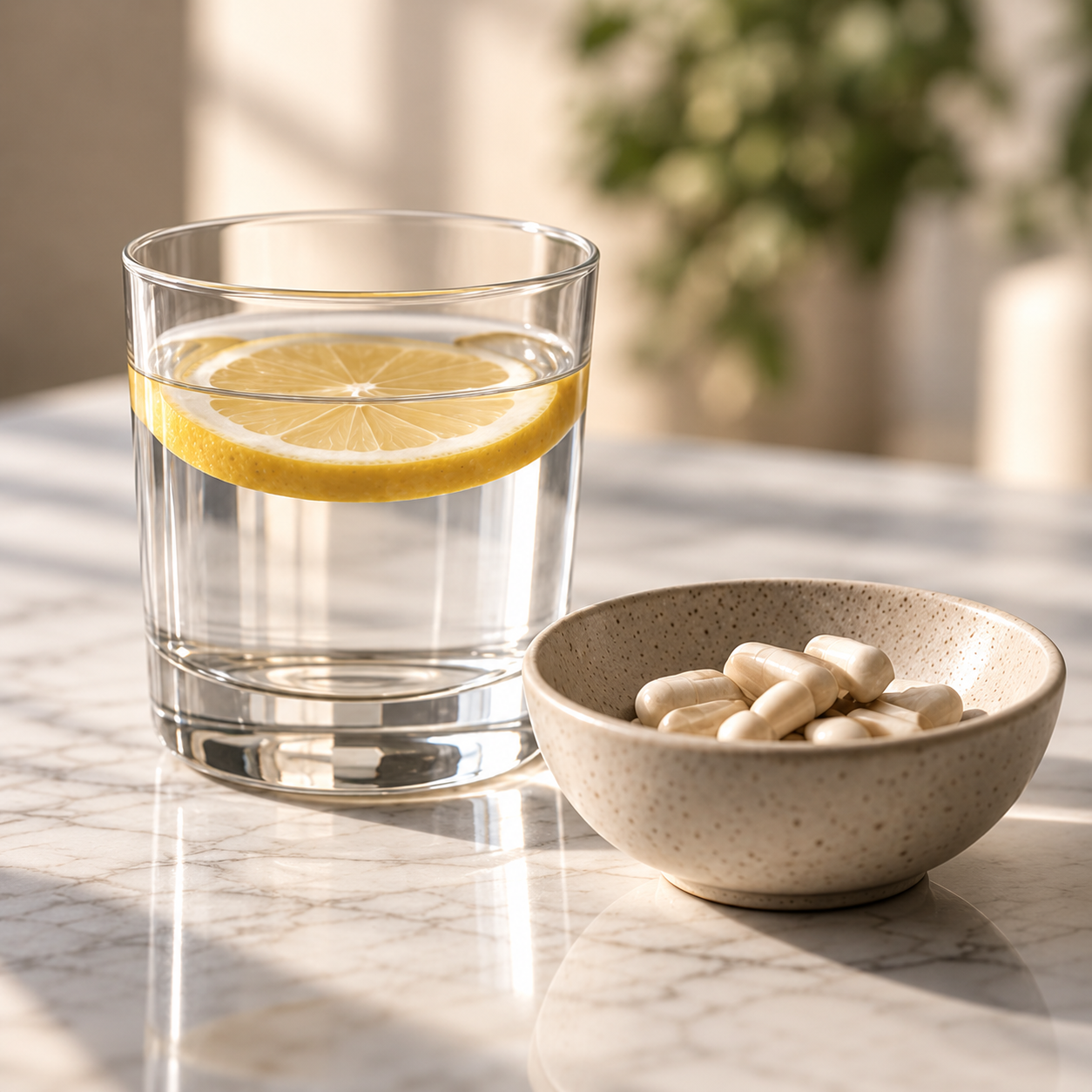 A glass of water with a slice of lemon floating on top, beside a bowl of white capsules on a marble surface, with a blurred plant in the background.