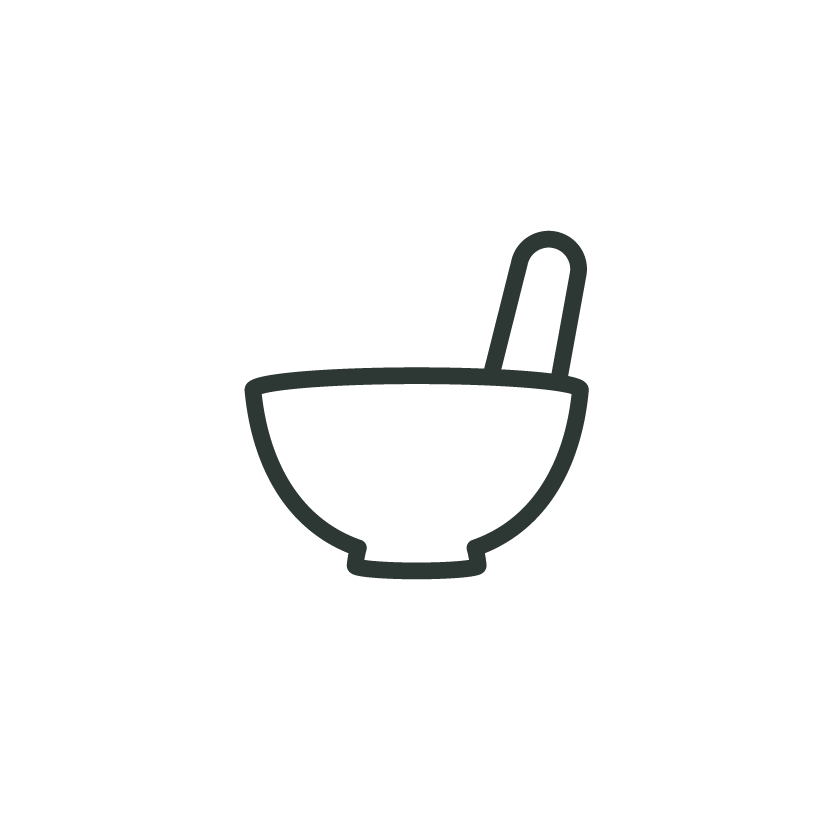 Outline of a bowl with a pestle inside, representing a mortar and pestle used for grinding ingredients.