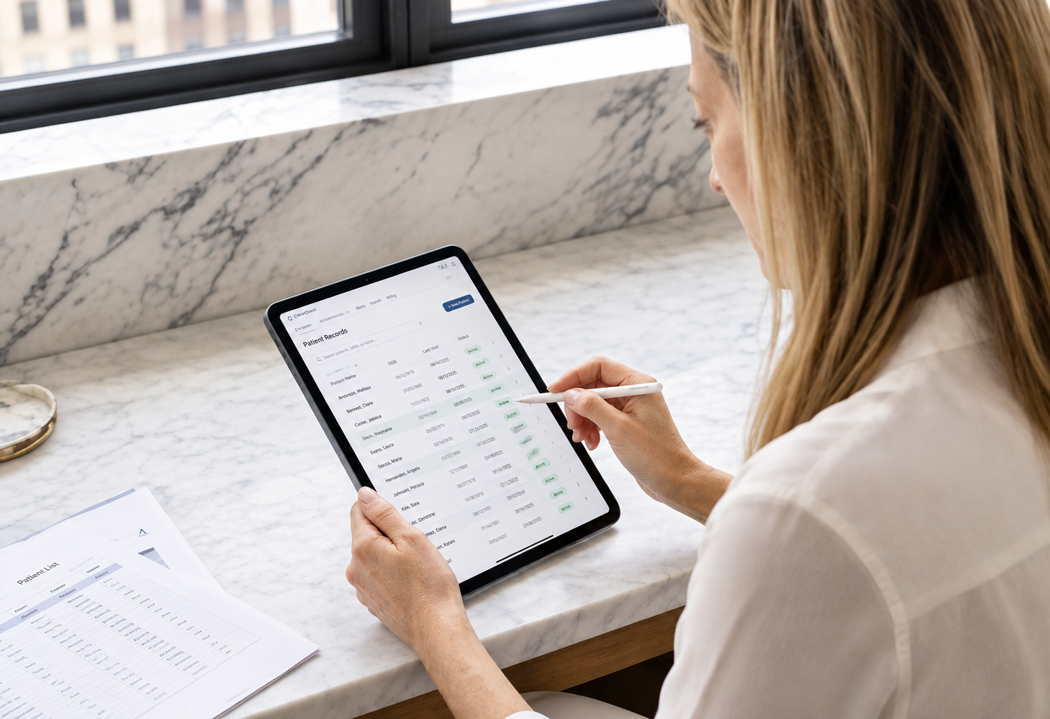 A woman sitting at a marble counter using a stylus to review patient records on a tablet device, with printed documents beside her.