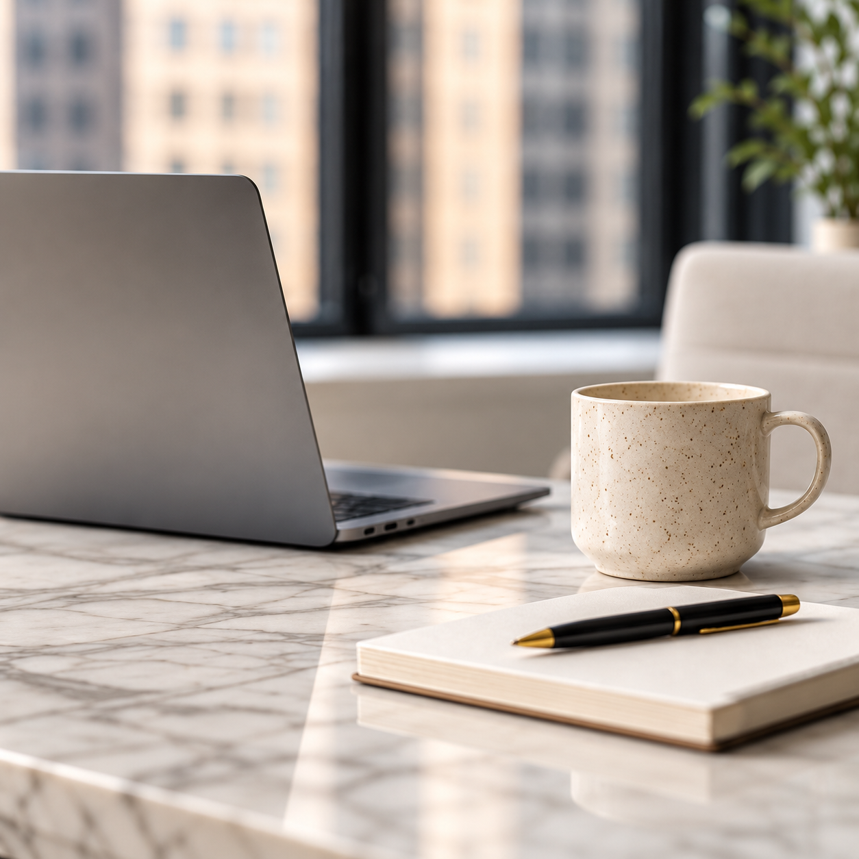 A workspace with a laptop, a beige coffee mug, a black and gold pen, and a closed notebook on a marble table, with a city view through large windows in the background.