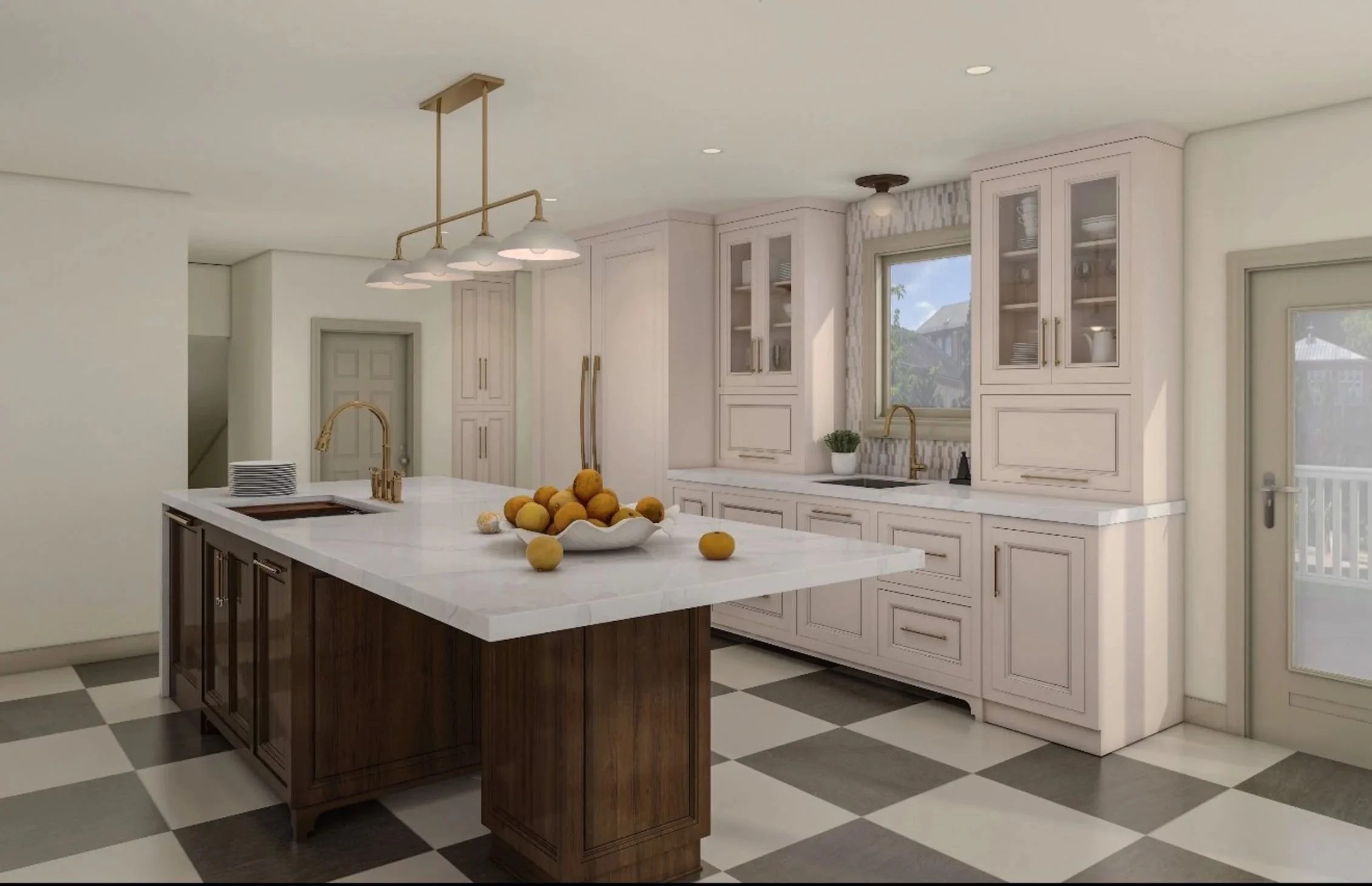 Photorealistic rendering of custom white kitchen cabinetry with wood island and checkerboard flooring