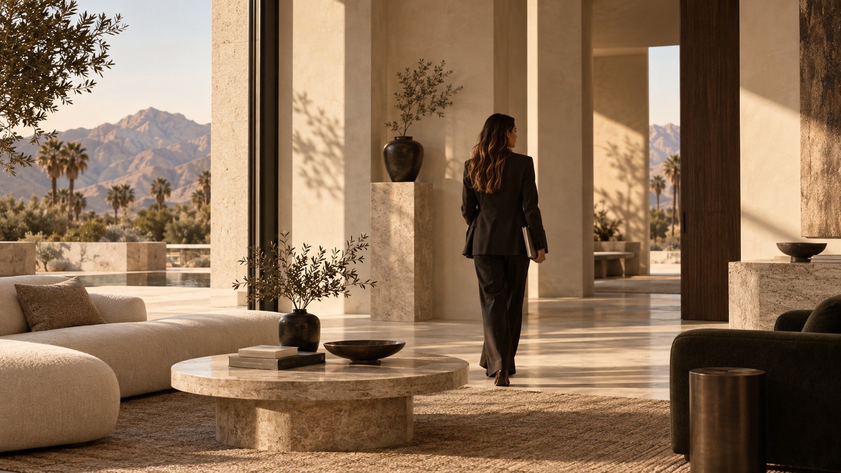 Modern luxury hospitality interior in the Coachella Valley with a woman walking through a sunlit lobby