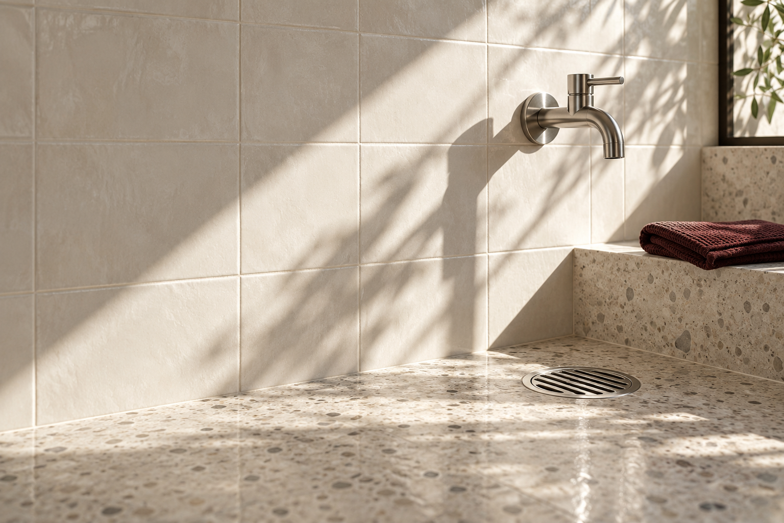 JETSEN specialty care — sunlit ceramic tile, brushed metal and terrazzo surfaces
