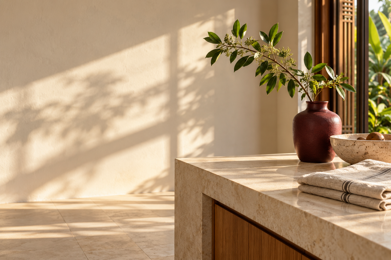 JETSEN household care — warm sunlit interior with natural stone and linen