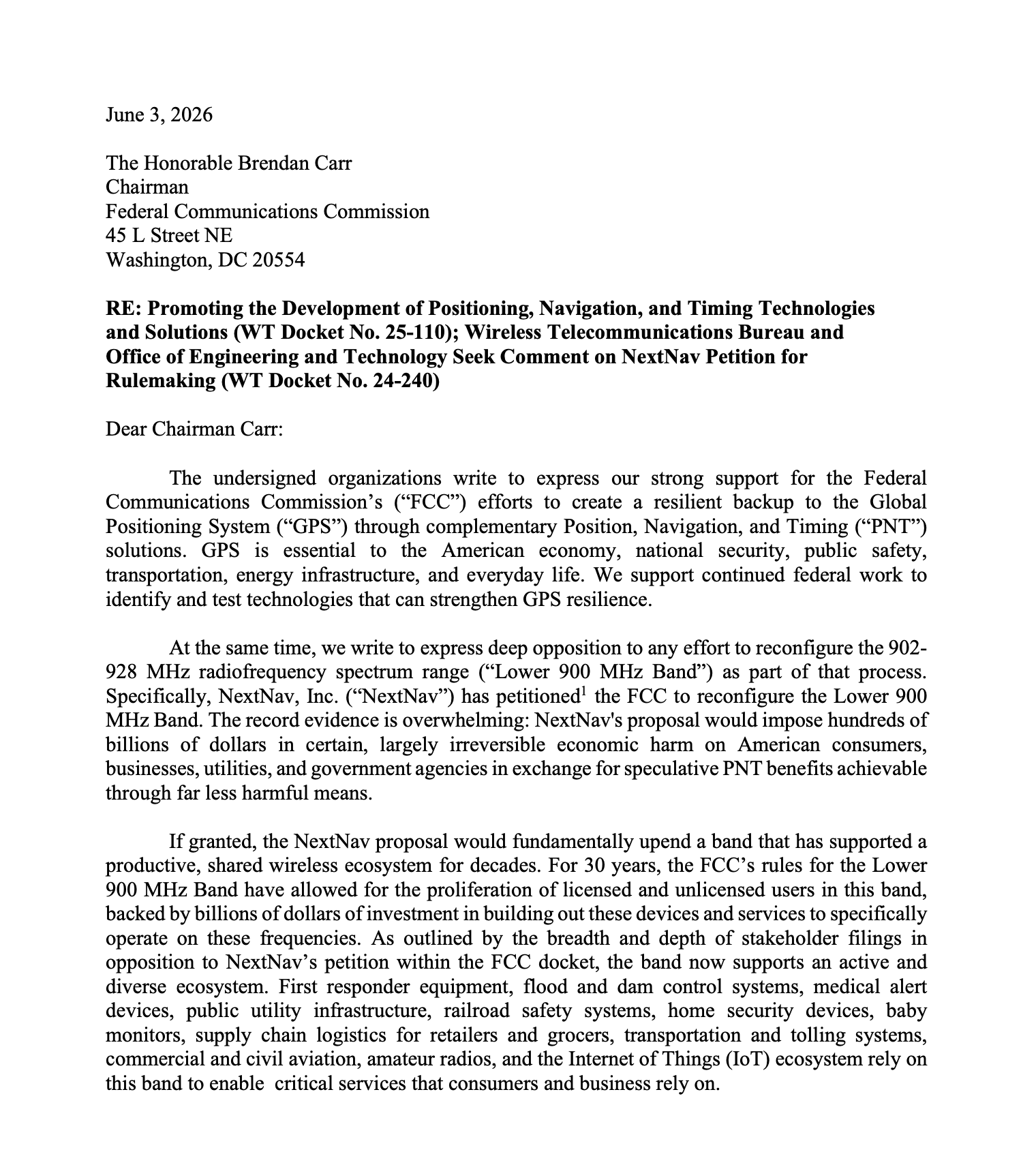 Letter to Federal Communications Commission Chairman Carr