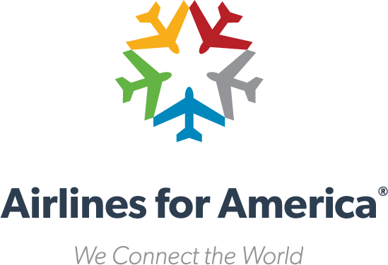 Logo of Airlines for America featuring a circular arrangement of six airplanes in red, yellow, gray, blue, green, and dark red, with the tagline 'We Connect the World' below.