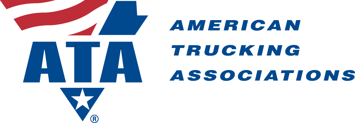 Logo of the American Trucking Associations featuring a blue star with a black outline, a stylized red and white American flag, and the organization's acronym ATA with the words 'American Trucking Associations' to the right.