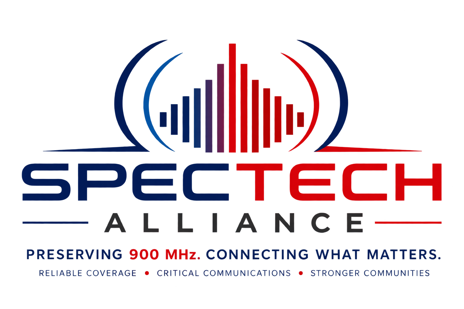 A digital graphic with a black background featuring red and blue neon-like elements, including circular patterns and text related to communication and coverage