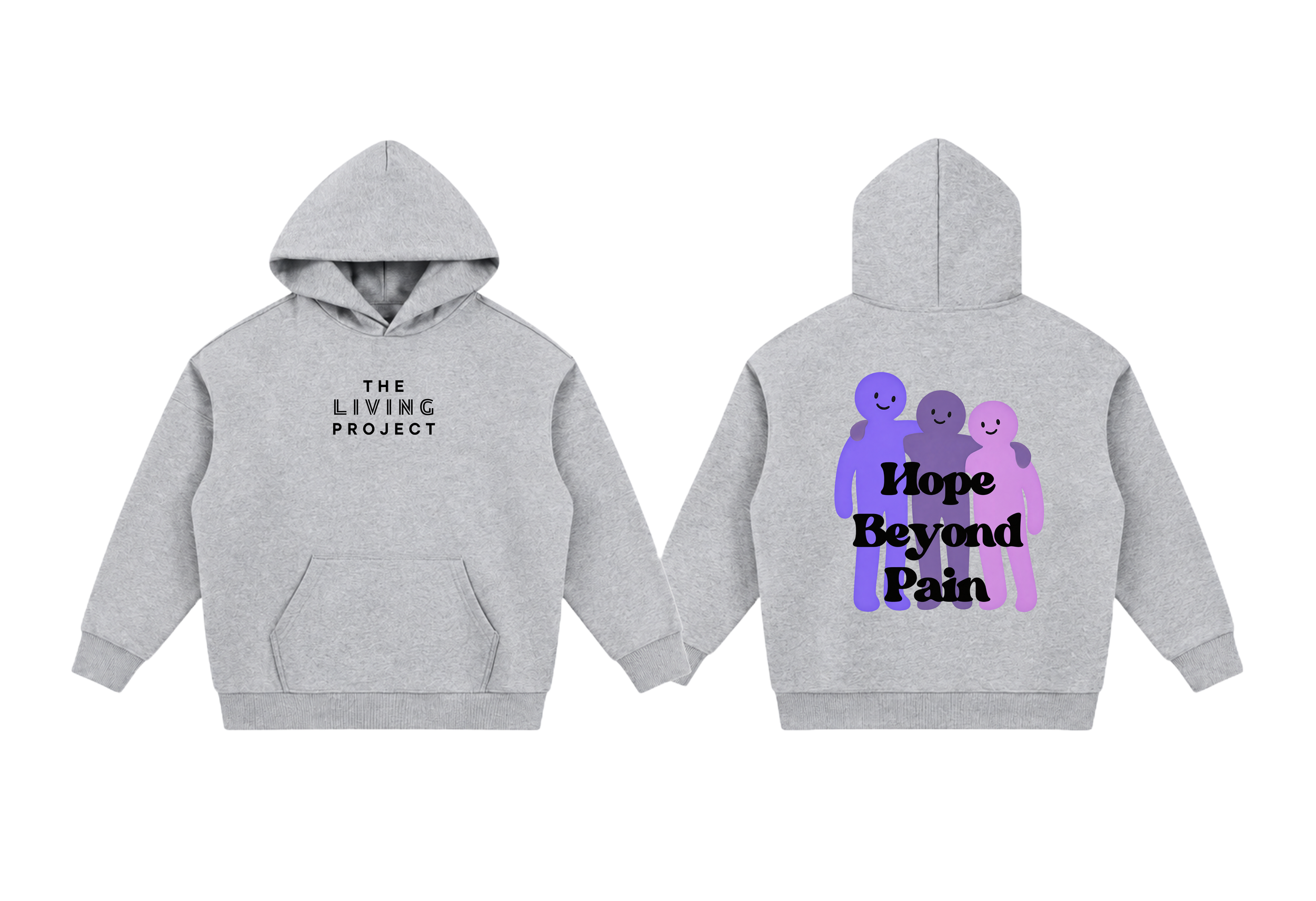 Two gray hooded sweatshirts, one with the words "The Living Project" and the other with the words "Hope Beyond Pain" and an illustration of three smiling figures in various shades of purple.