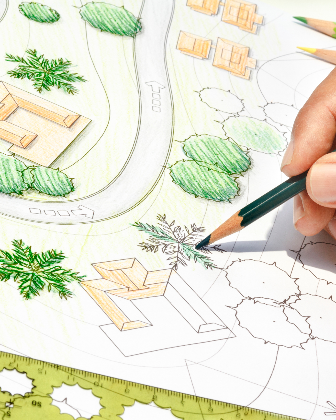 A hand coloring a landscape architectural plan with colored pencils, featuring trees, shrubs, buildings, and a curved road.