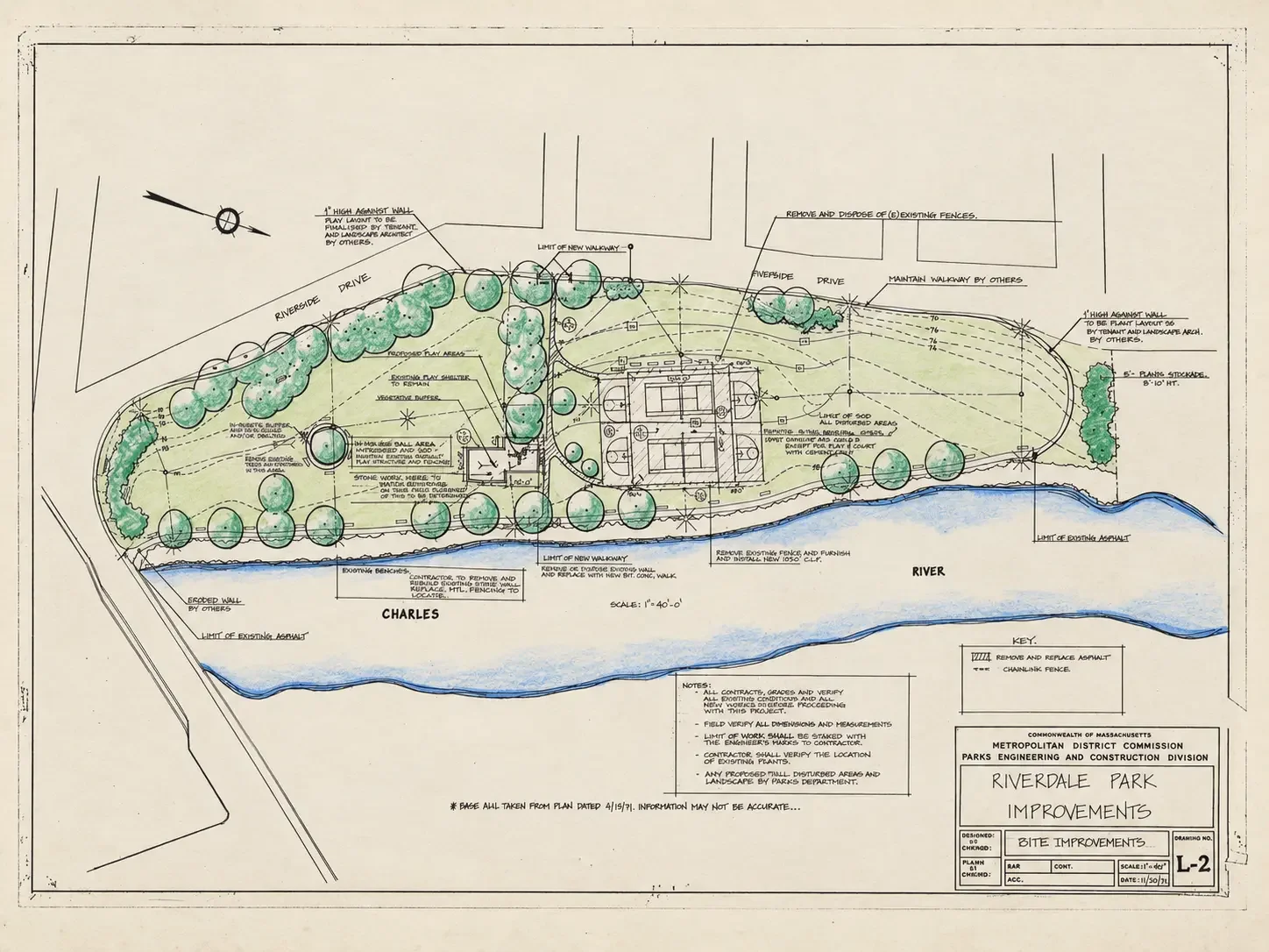 Site plan for Riverdale Park improvements, showing landscaped areas, tennis courts, pathways, a river, and surrounding streets, with notes on landscaping and fencing.