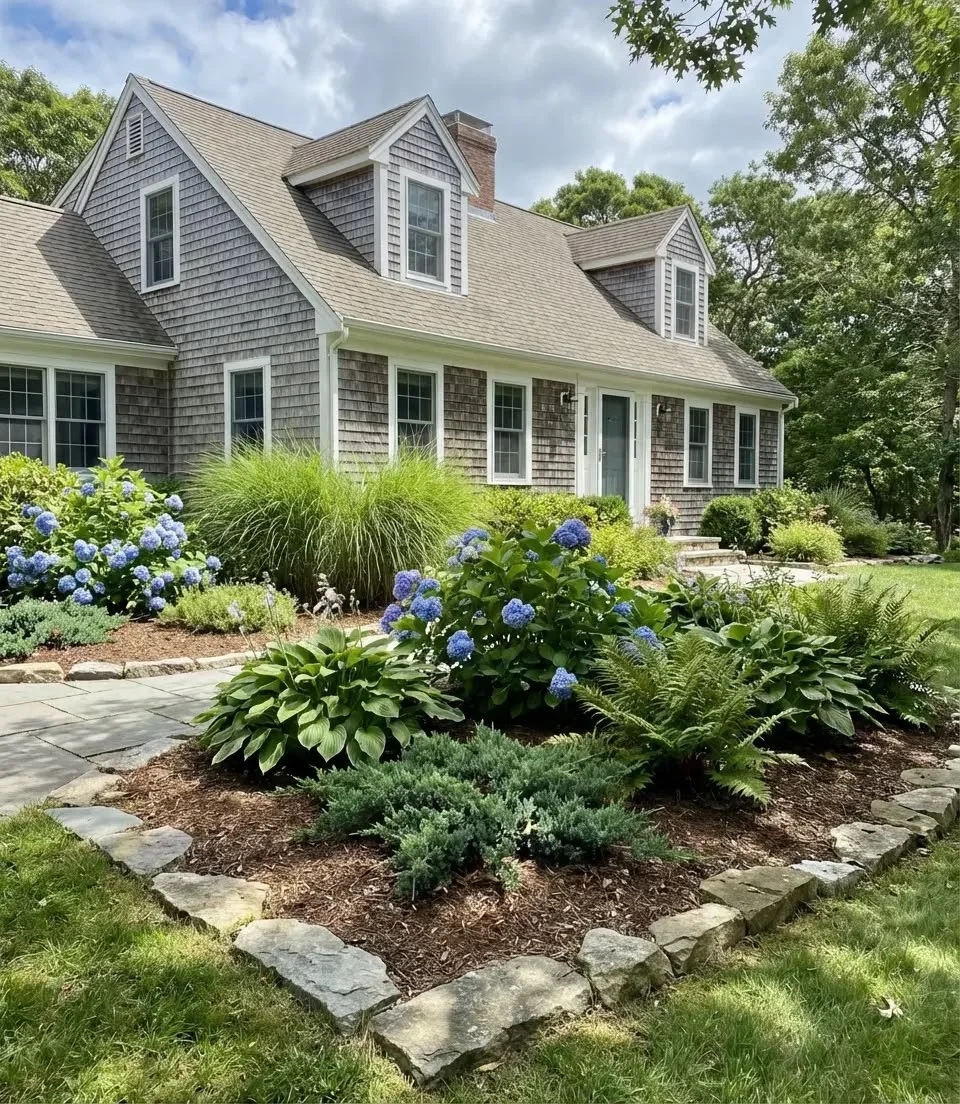 A traditional house with gray wooden shingles, a steep gray roof, and dormer windows, surrounded by a well-maintained garden with flowering plants and bushes.