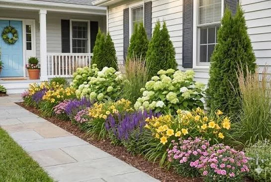 Colorful flower garden with green shrubs and plants along the sidewalk outside a house with white siding and black shutters.