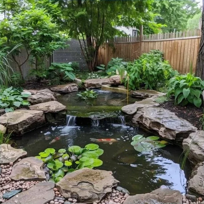 Backyard garden pond with rocks and lily pads, koi fish swimming, surrounded by green plants and trees, enclosed by a wooden fence.
