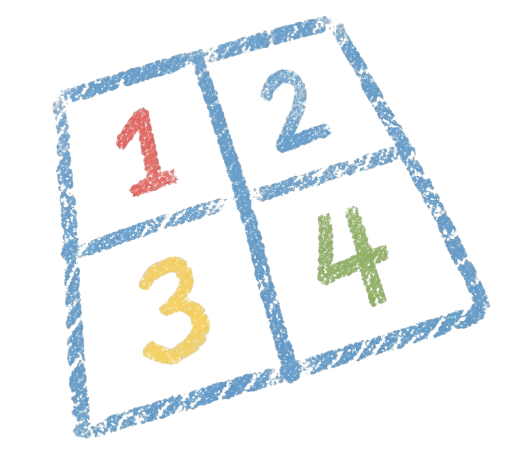 A colorful illustration of a three-dimensional die with the numbers 1, 2, 3, and 4 on its faces, each in a different color, surrounded by a blue textured outline.