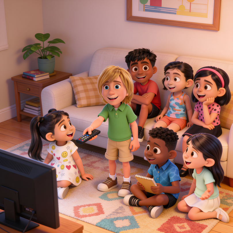 A group of seven children watching TV in a living room, some sitting on a sofa and others on the floor, smiling and engaged.