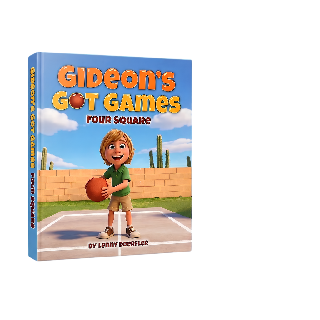 Book cover for Gideon's Got Games: Four Square by Lenny Doerfler, featuring a cartoon boy holding a basketball on a four-square court with a brick wall and cacti in the background.