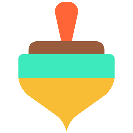 A colorful spinning top toy with a brown body, teal stripe, and yellow tip.