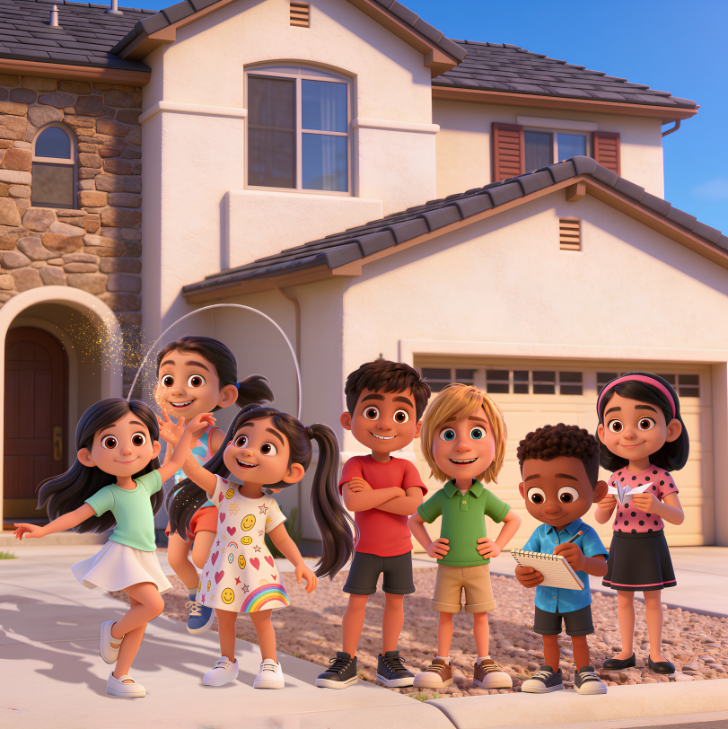 Seven cheerful children standing and playing in front of a modern suburban house during daytime. One girl is skipping with a magical wand, another girl with twin ponytails is joyfully reaching out, a boy with crossed arms smiles confidently, another girl with sunglasses is smiling brightly, a boy is writing in a notebook, and a girl with a pink headband is holding a piece of paper. The house has stone and stucco walls, a large window, and a garage with a closed door.